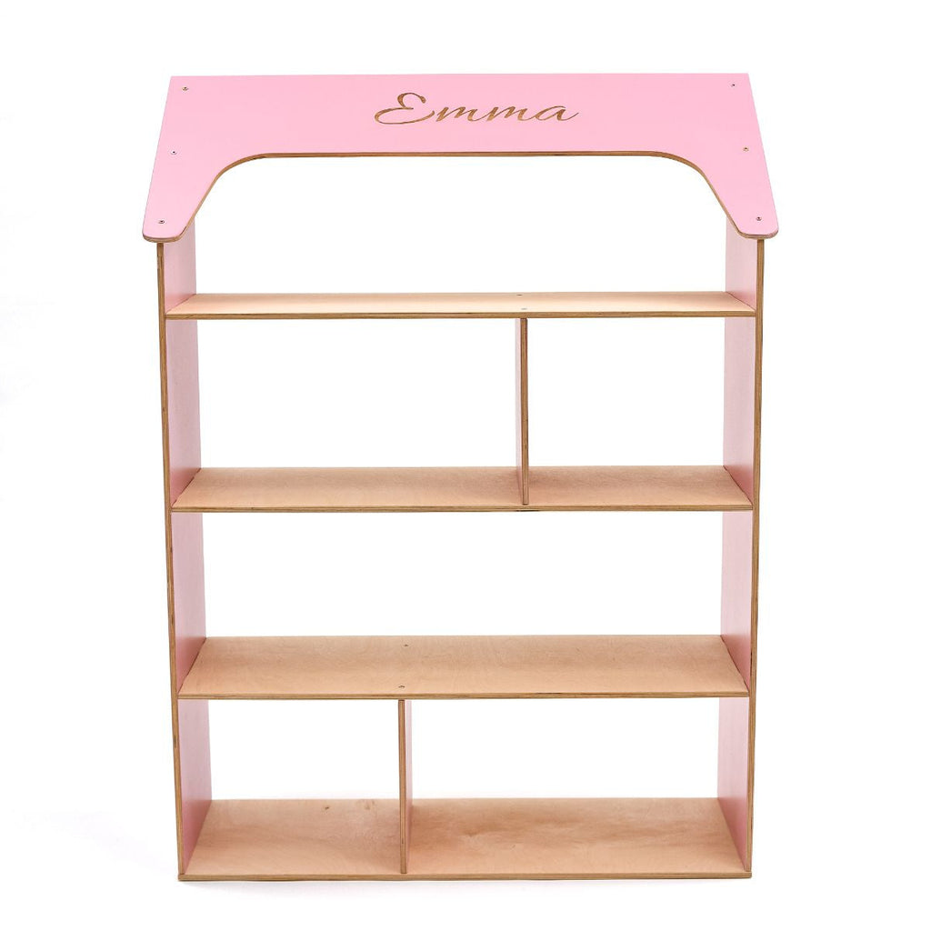 pink dollhouse bookcase with kid's name