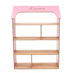 pink dollhouse bookcase with kid's name