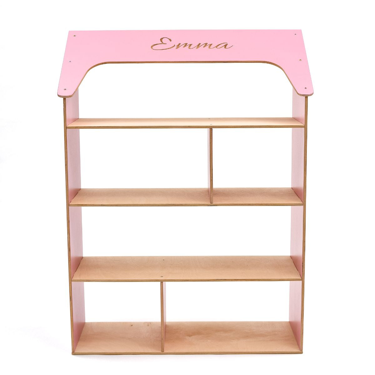 pink dollhouse bookcase with kid's name
