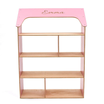 pink dollhouse bookcase with kid's name