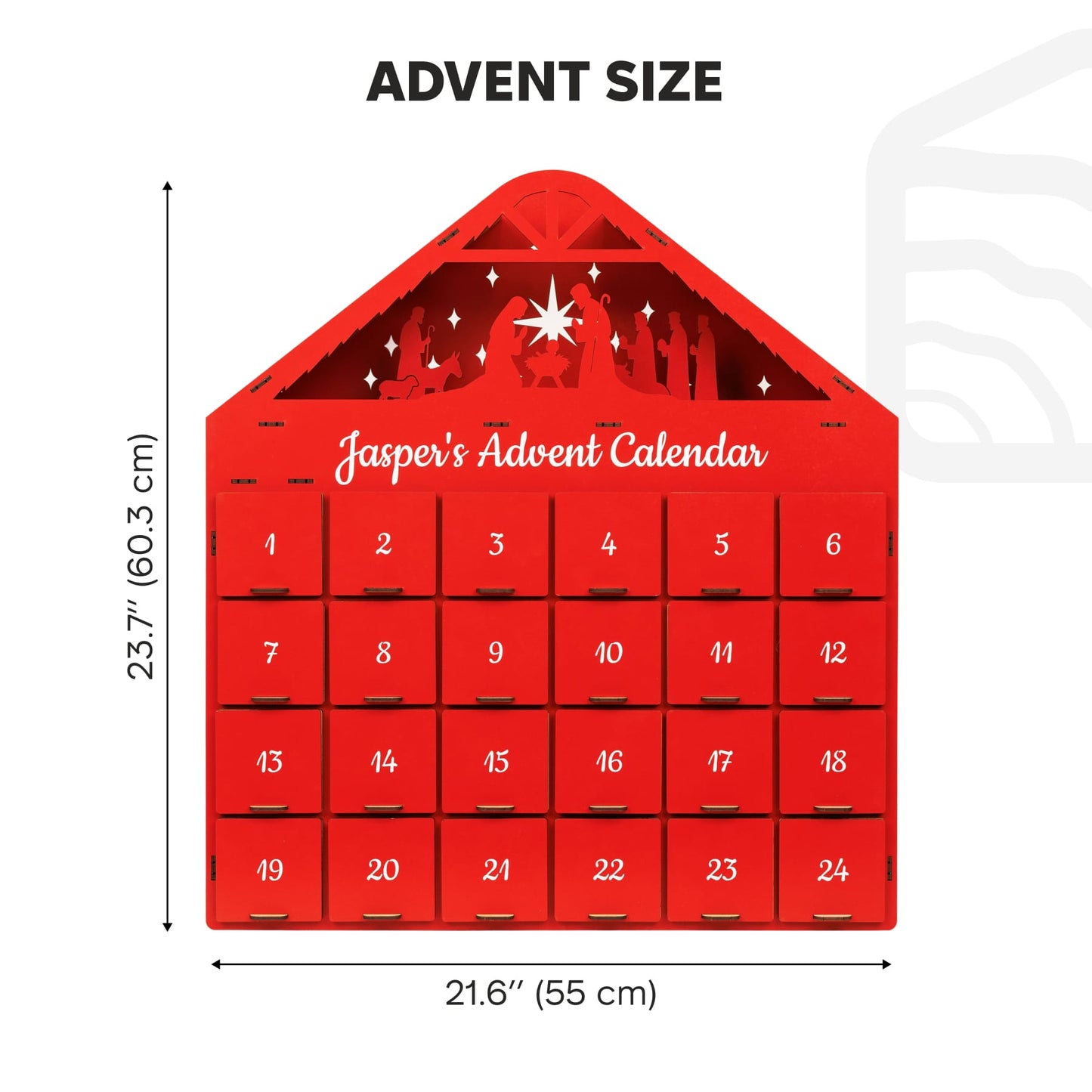 Red advent calendar with dimensions labeled on a white background
