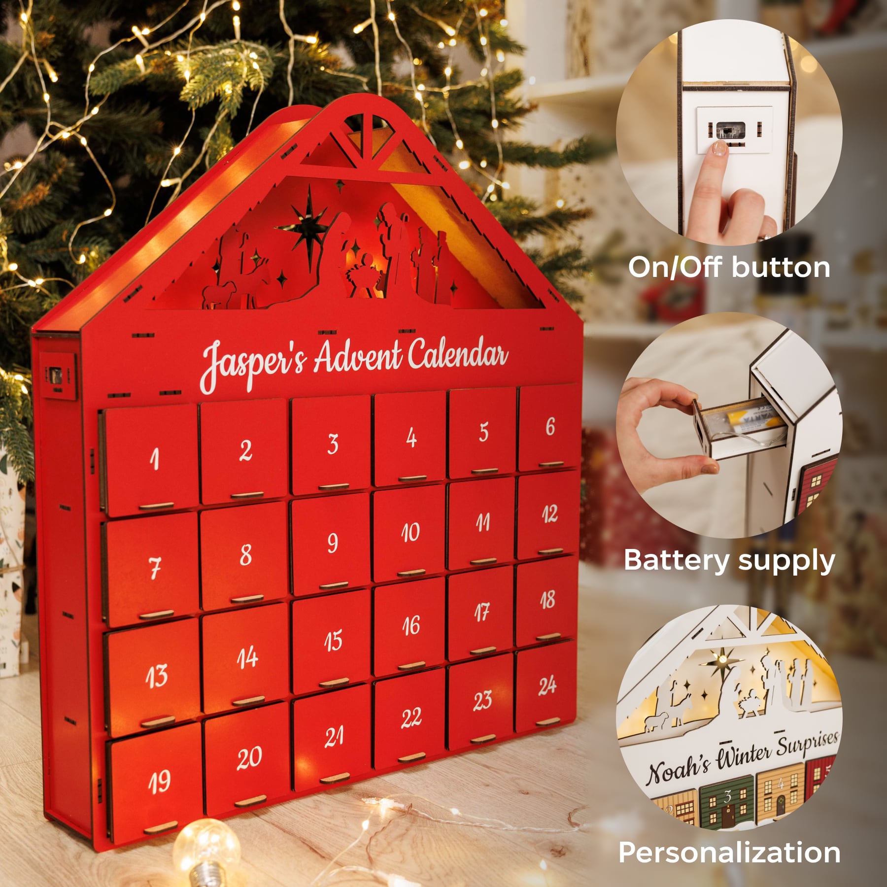Red advent calendar with Christmas scene, power button, battery supply, and personalization details.