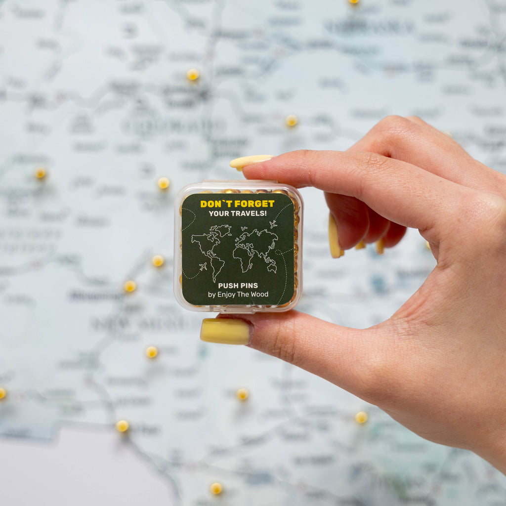Hand holding a container of push pins with a world map design, against a blurred map background.
