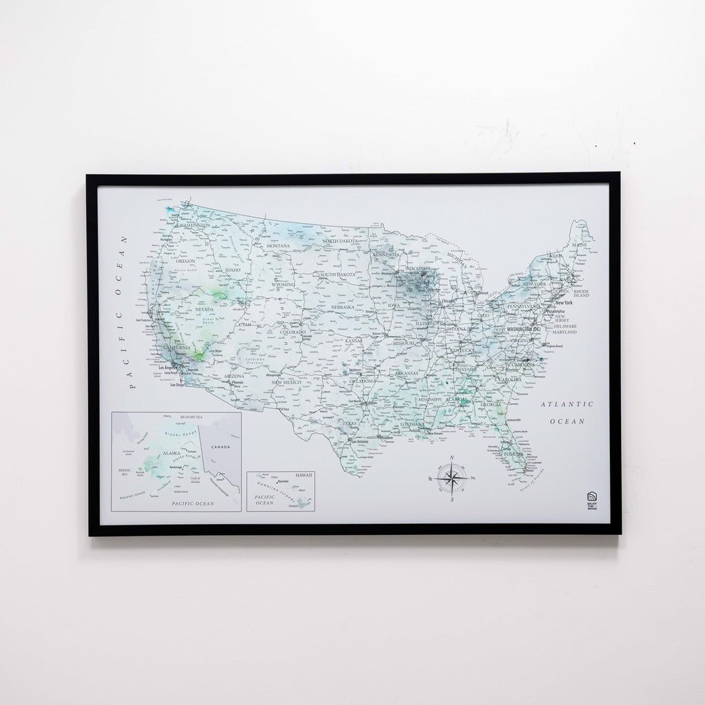 Framed map of the United States on a white wall