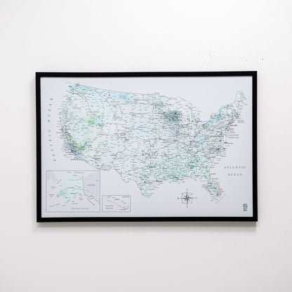 Framed map of the United States on a white wall