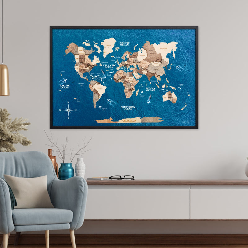 3D Wooden Panel World Map Smokey