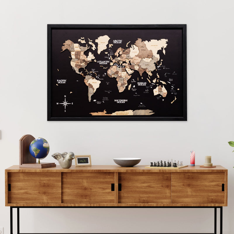 3D Wooden Panel World Map Smokey