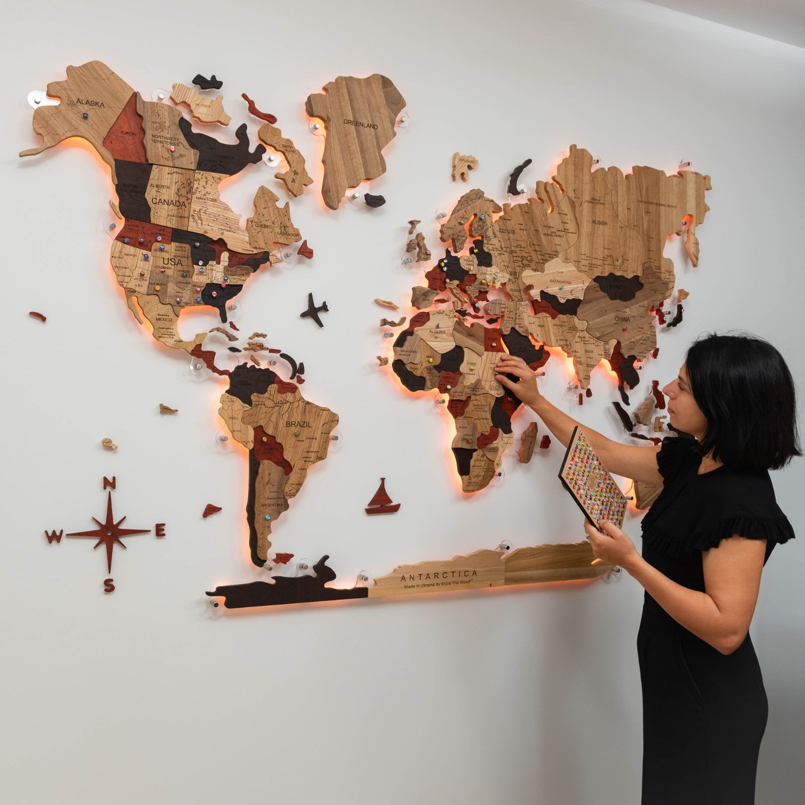 3D Solid Wooden World Map