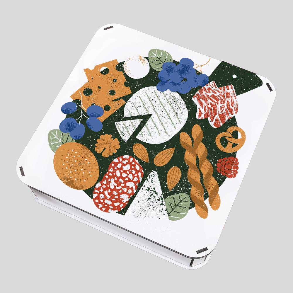 A square food gift box with a colorful illustration of various food items like fruits and nuts on it.