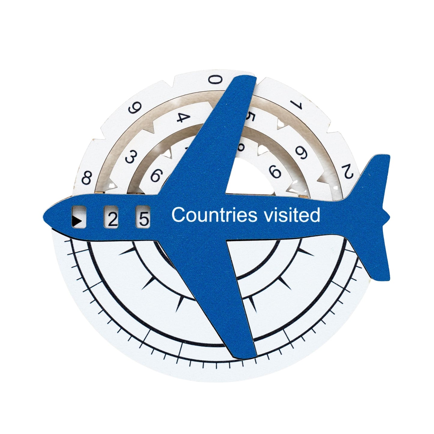Blue airplane-shaped counter with 'Countries visited' text on a white background