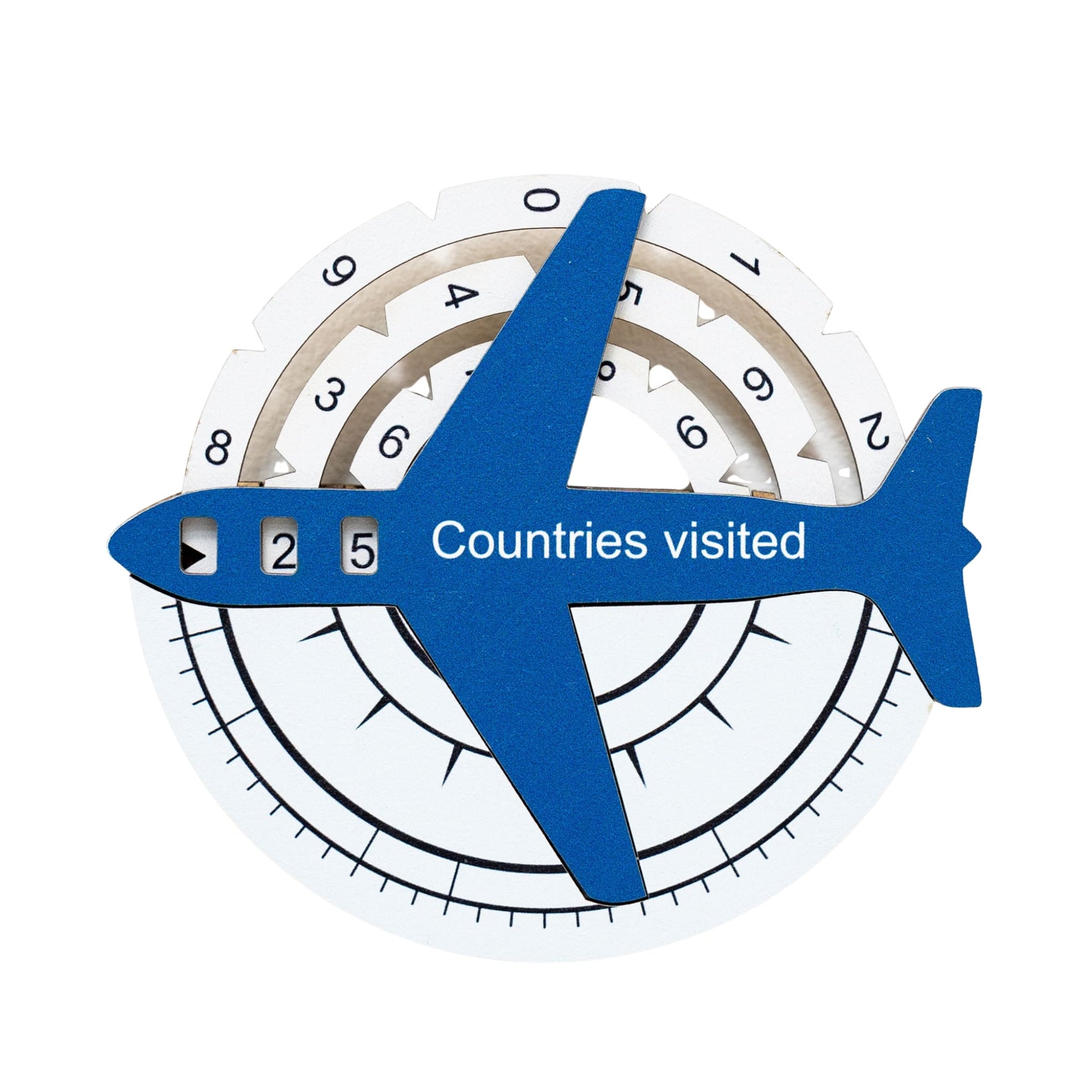 Blue airplane-shaped counter with 'Countries visited' text on a white background