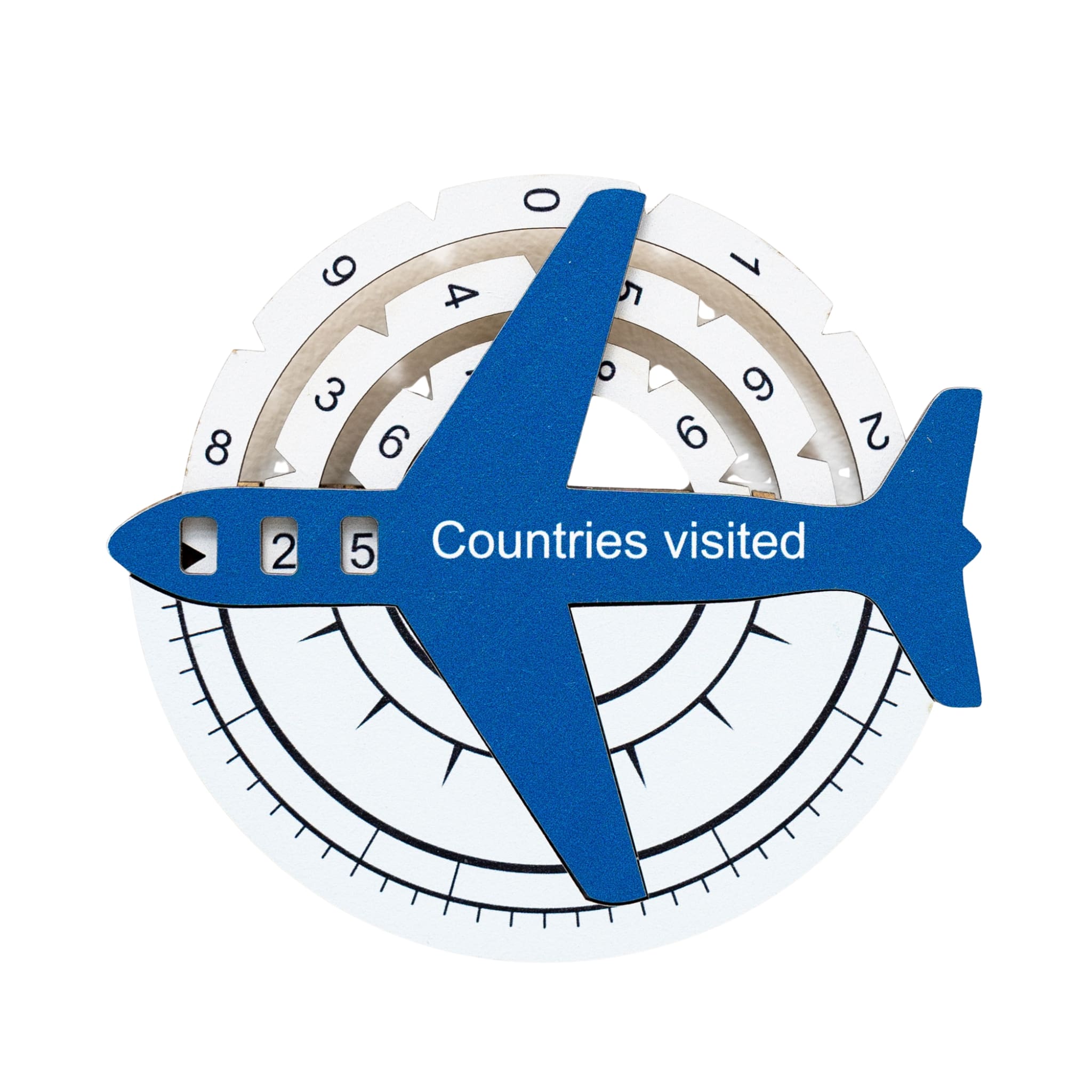Blue airplane-shaped counter with 'Countries visited' text on a white background