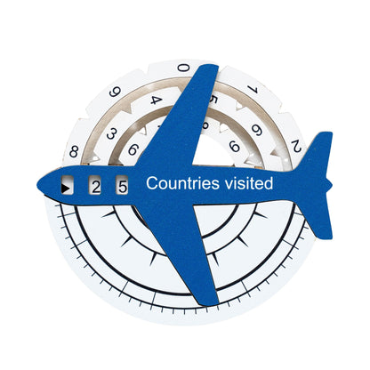 Blue airplane-shaped counter with 'Countries visited' text on a white background