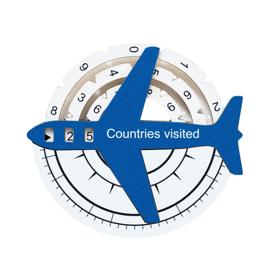 Blue airplane-shaped counter with 'Countries visited' text on a white background