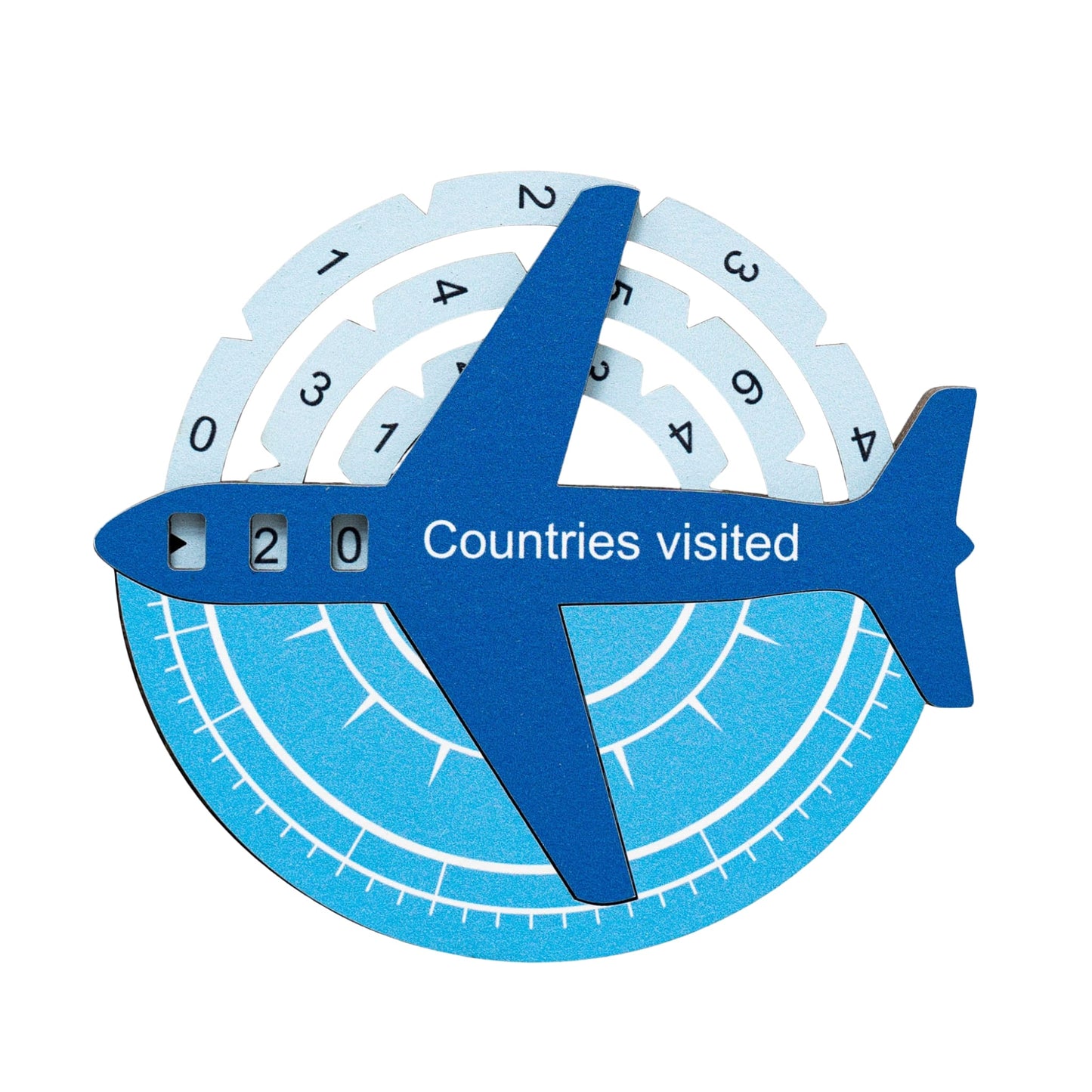 Blue airplane-shaped counter with 'Countries visited' text and number display on a white background