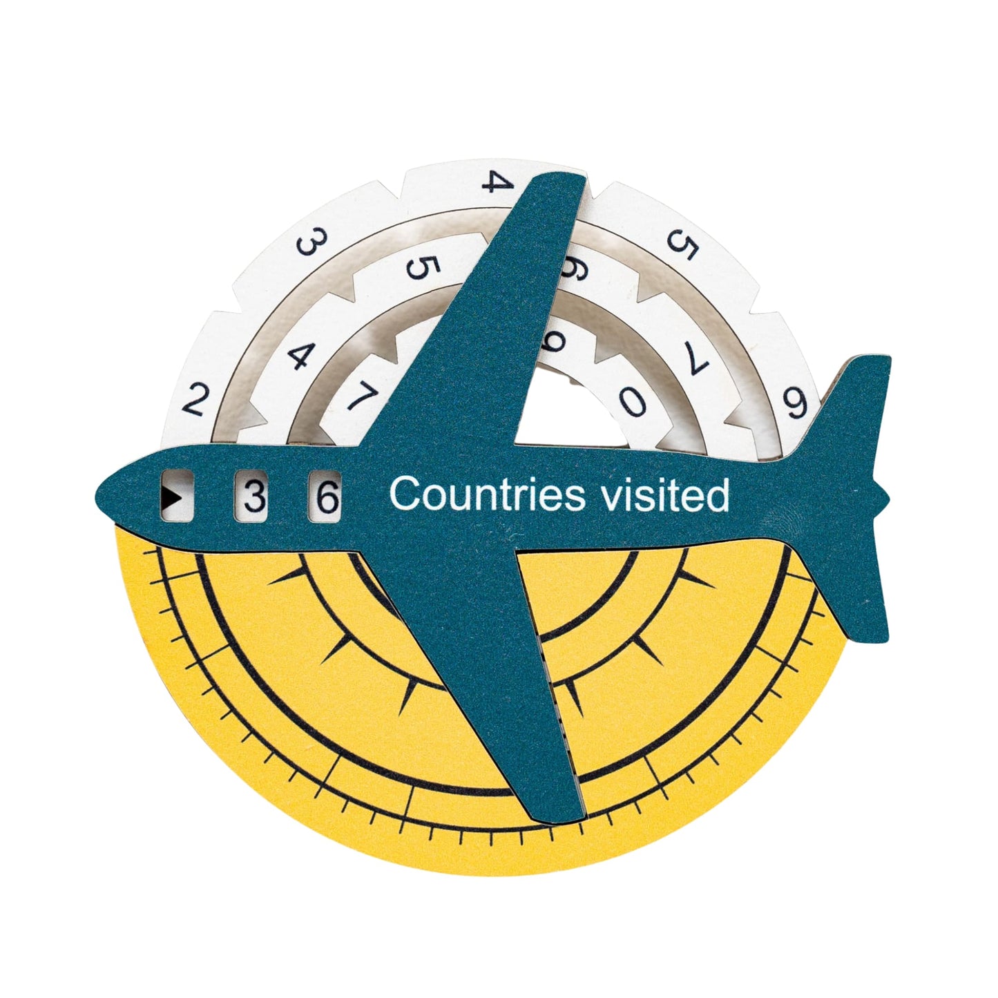 Circular counter with airplane design showing '36' and 'Countries visited' text on a white background