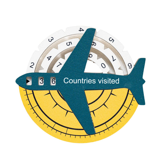 Circular counter with airplane design showing '36' and 'Countries visited' text on a white background