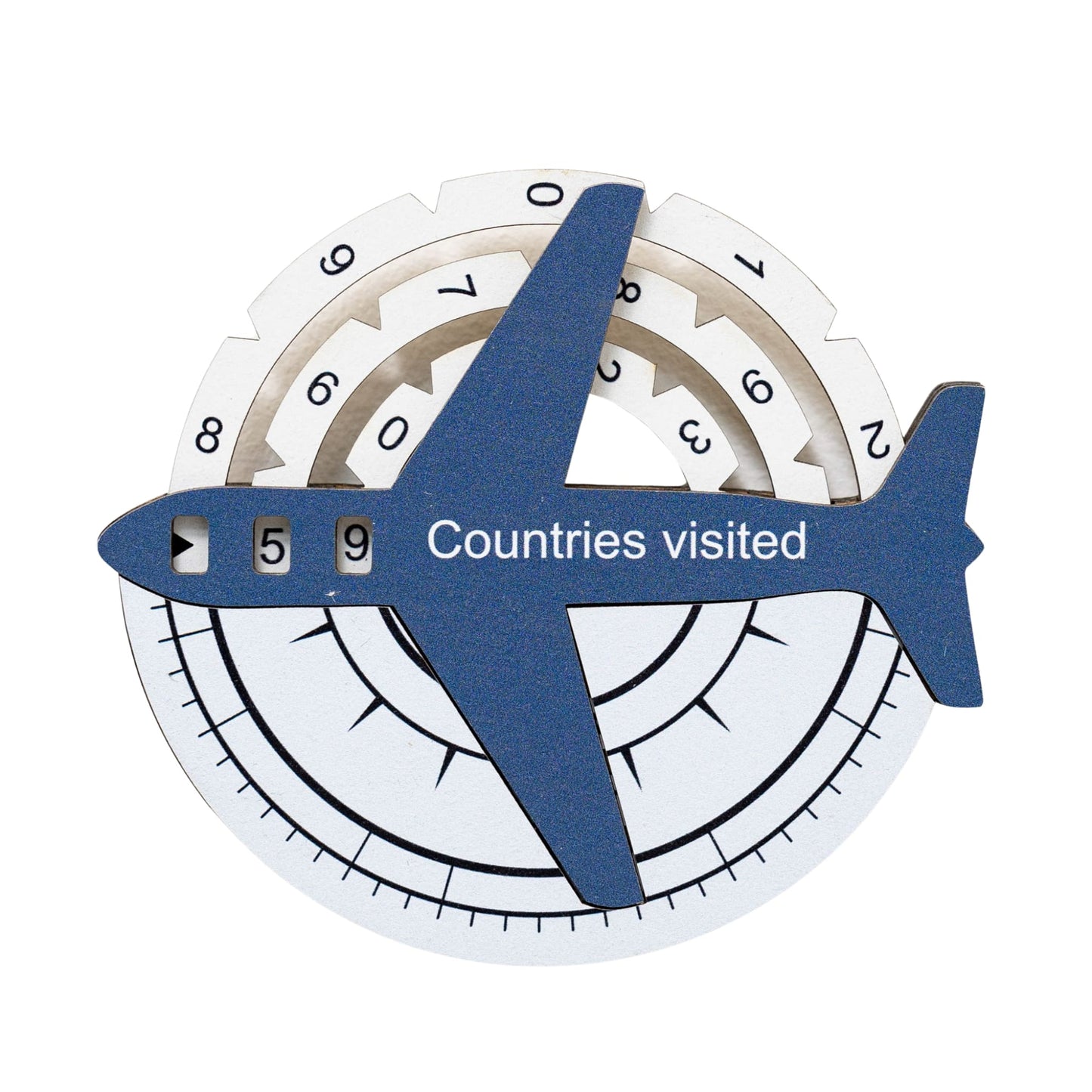 Circular device with airplane shape and 'Countries visited' text on a white background