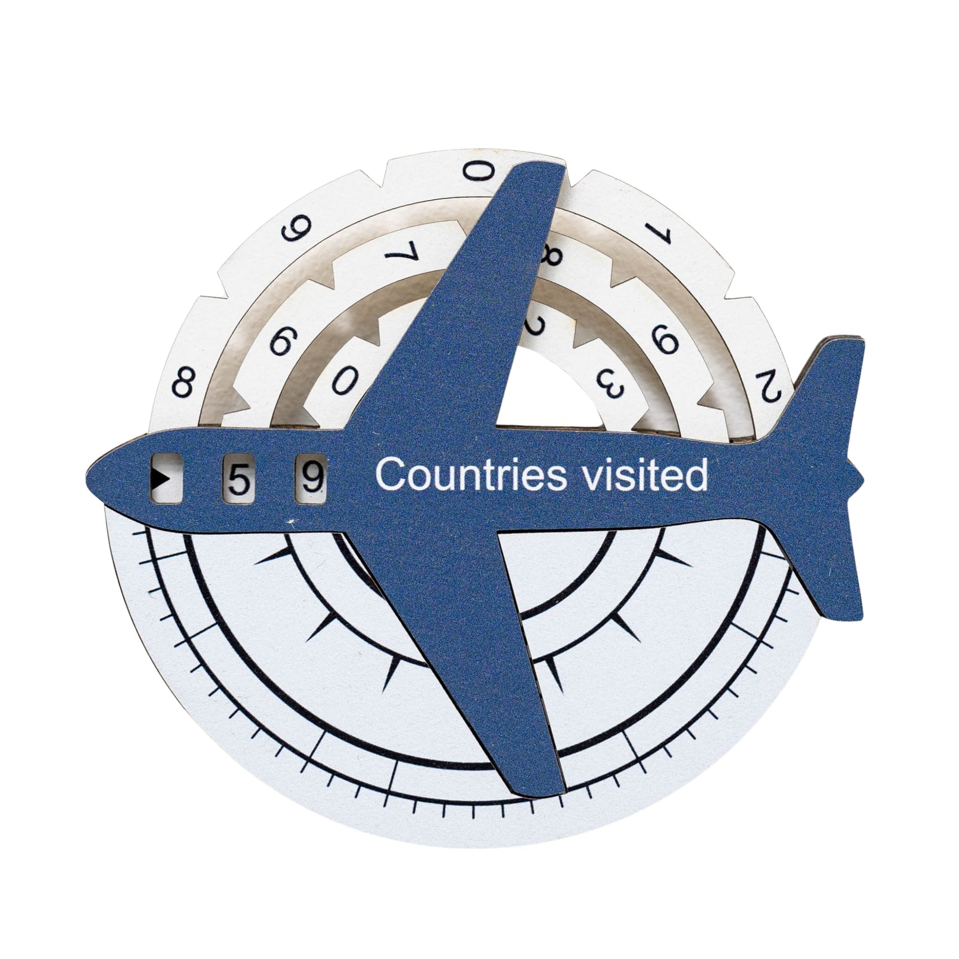 Circular device with airplane shape and 'Countries visited' text on a white background