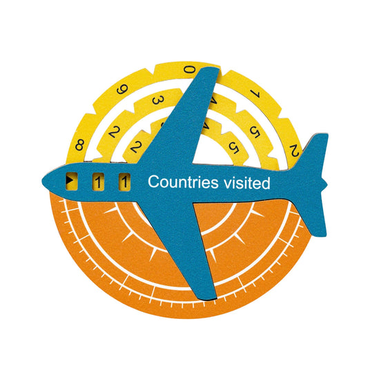 Blue airplane with 'Countries visited' text on a circular design with numbers and colors.