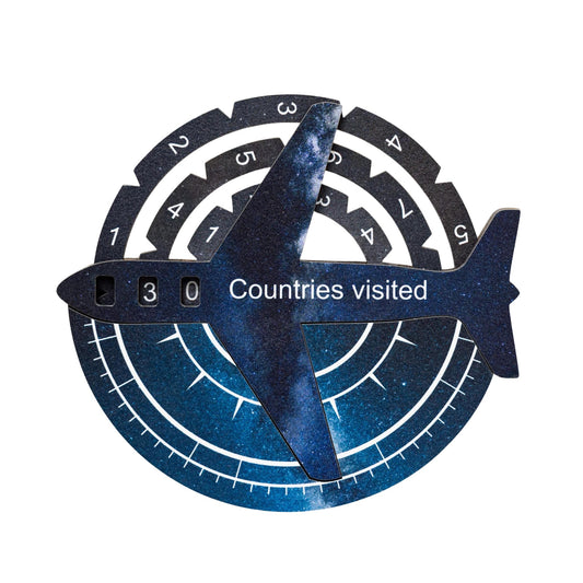 Decorative compass with airplane silhouette and '30 Countries visited' text on a white background
