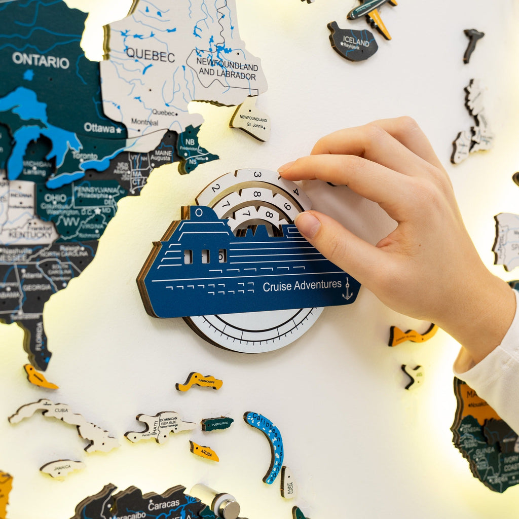 Travel Tracker Cruise Liner 3D Colored Wooden World Map - Aqua
