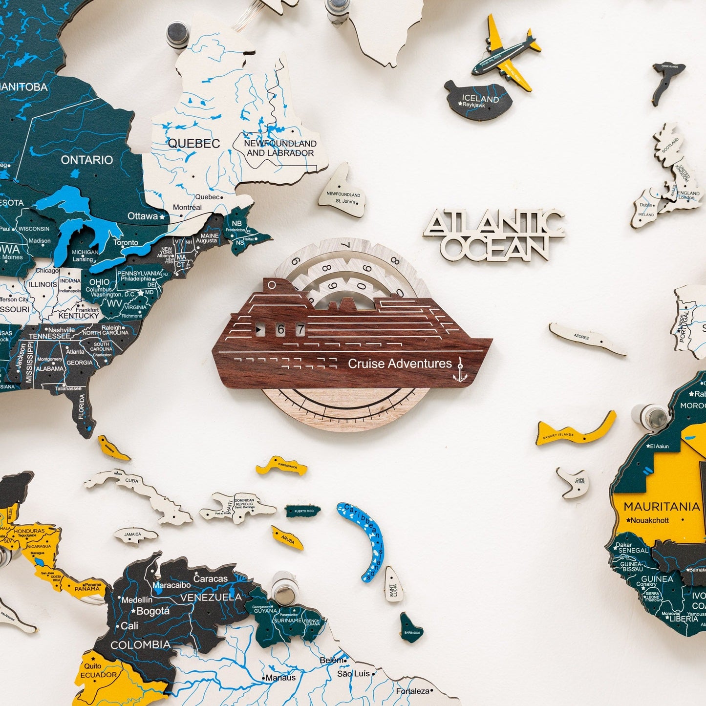 Travel Tracker Cruise Liner 3D Colored Wooden World Map - Cappuccino
