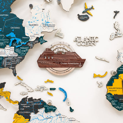 Travel Tracker Cruise Liner 3D Colored Wooden World Map - Cappuccino