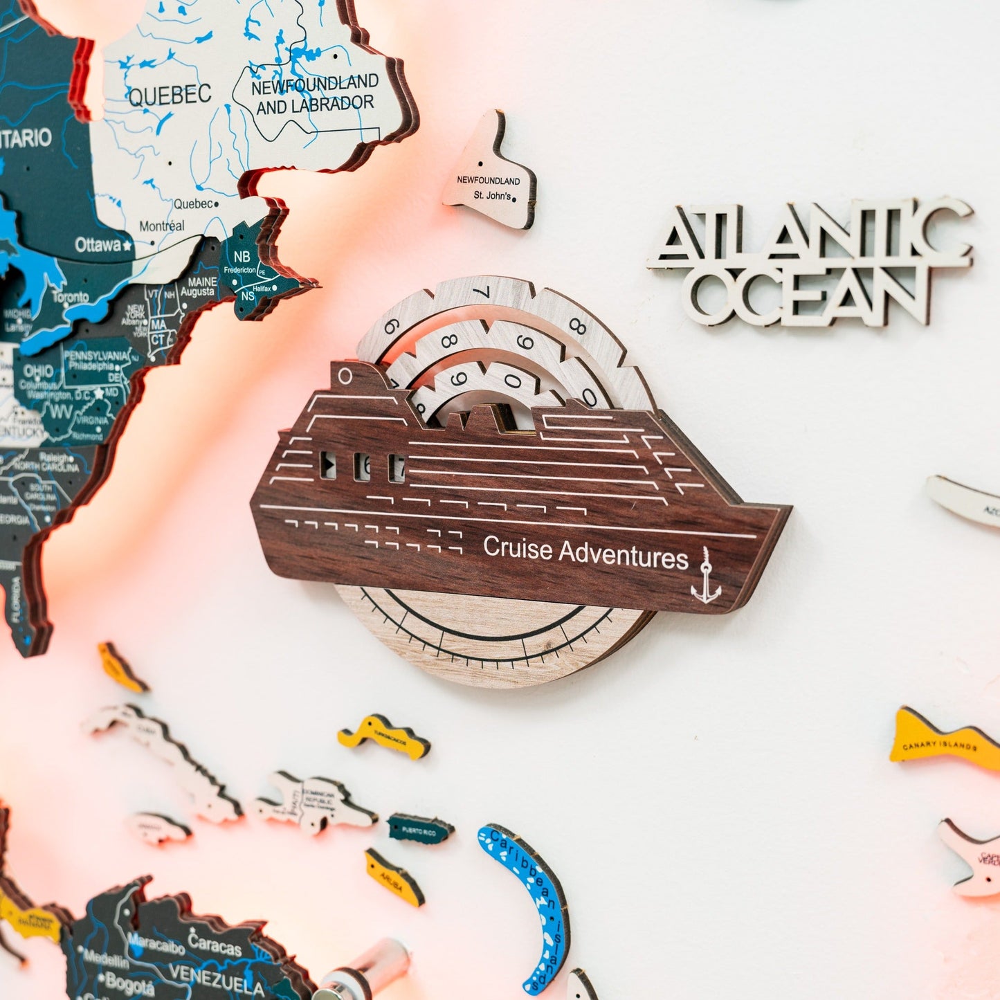 Travel Tracker Cruise Liner 3D Colored Wooden World Map - Cappuccino