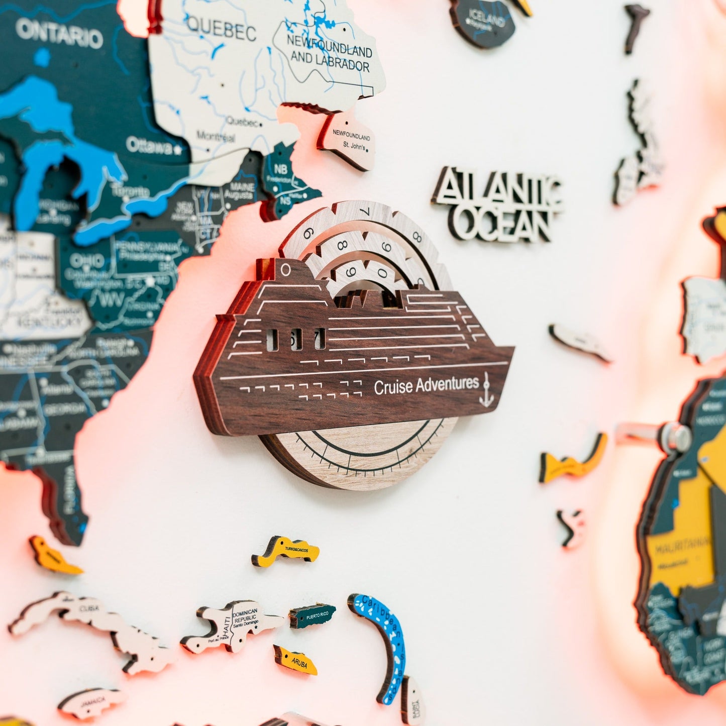 Travel Tracker Cruise Liner 3D Colored Wooden World Map - Cappuccino