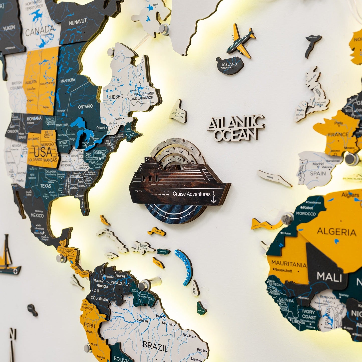 Travel Tracker Cruise Liner 3D Colored Wooden World Map - Dune