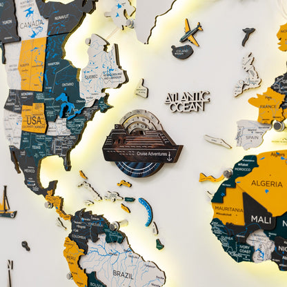 Travel Tracker Cruise Liner 3D Colored Wooden World Map - Dune
