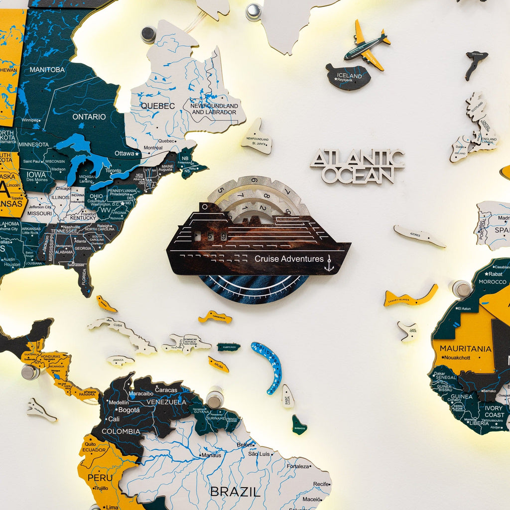 Travel Tracker Cruise Liner 3D Colored Wooden World Map - Dune