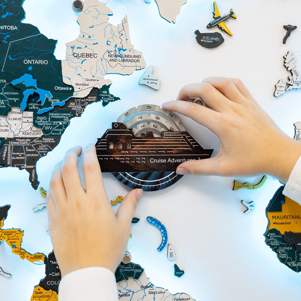 Travel Tracker Cruise Liner 3D Colored Wooden World Map - Dune