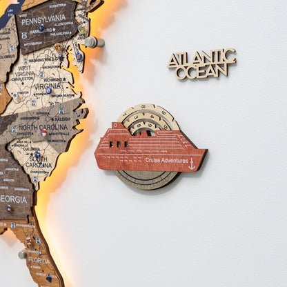 Travel Tracker Cruise Liner 3D Colored Wooden World Map - Fusion