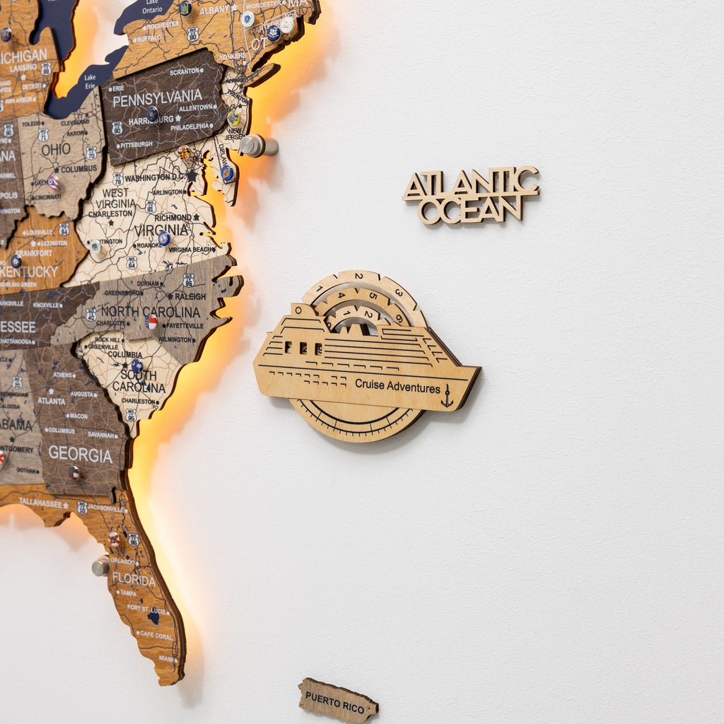 Travel Tracker Cruise Liner 3D Colored Wooden World Map - Gold