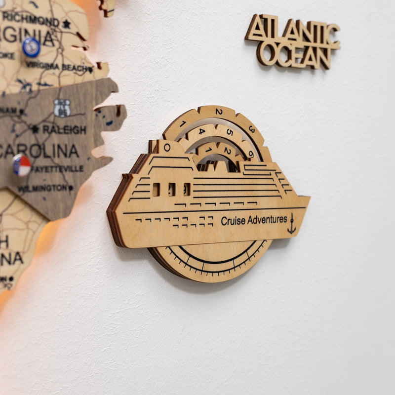 Travel Tracker Cruise Liner 3D Colored Wooden World Map - Gold