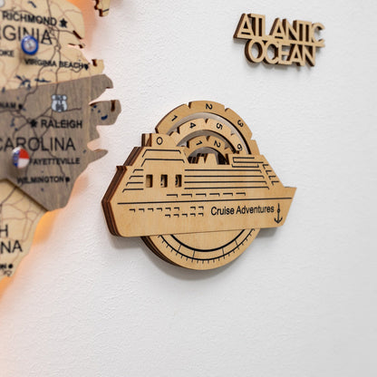 Travel Tracker Cruise Liner 3D Colored Wooden World Map - Gold
