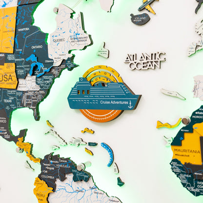Travel Tracker Cruise Liner 3D Colored Wooden World Map - Indie