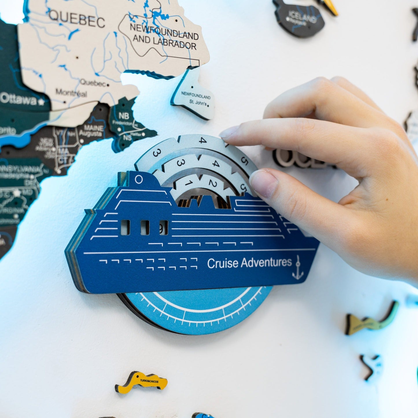 Travel Tracker Cruise Liner 3D Colored Wooden World Map - Azure