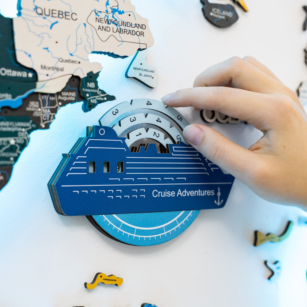 Travel Tracker Cruise Liner 3D Colored Wooden World Map - Azure