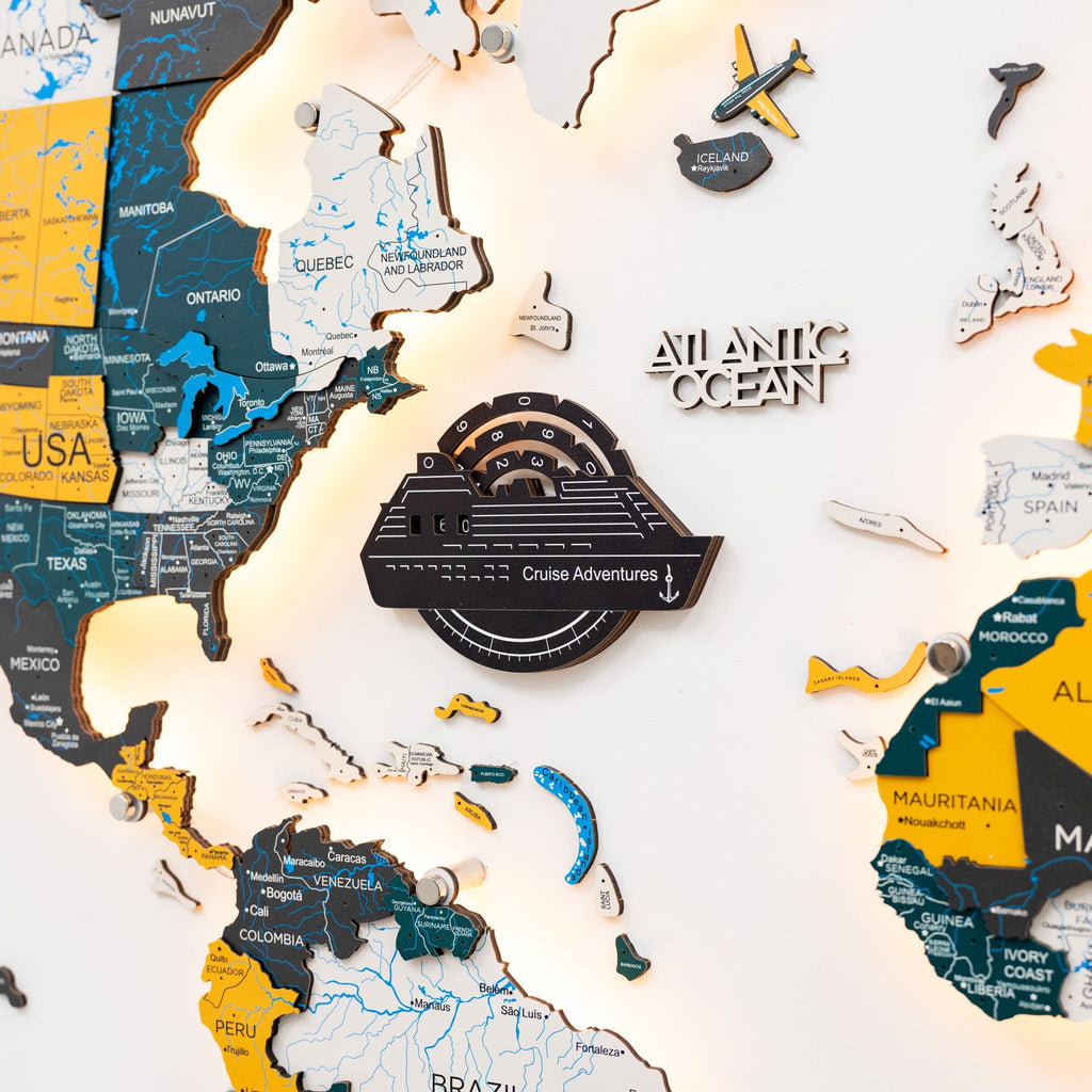 Travel Tracker Cruise Liner 3D Colored Wooden World Map - Midnight