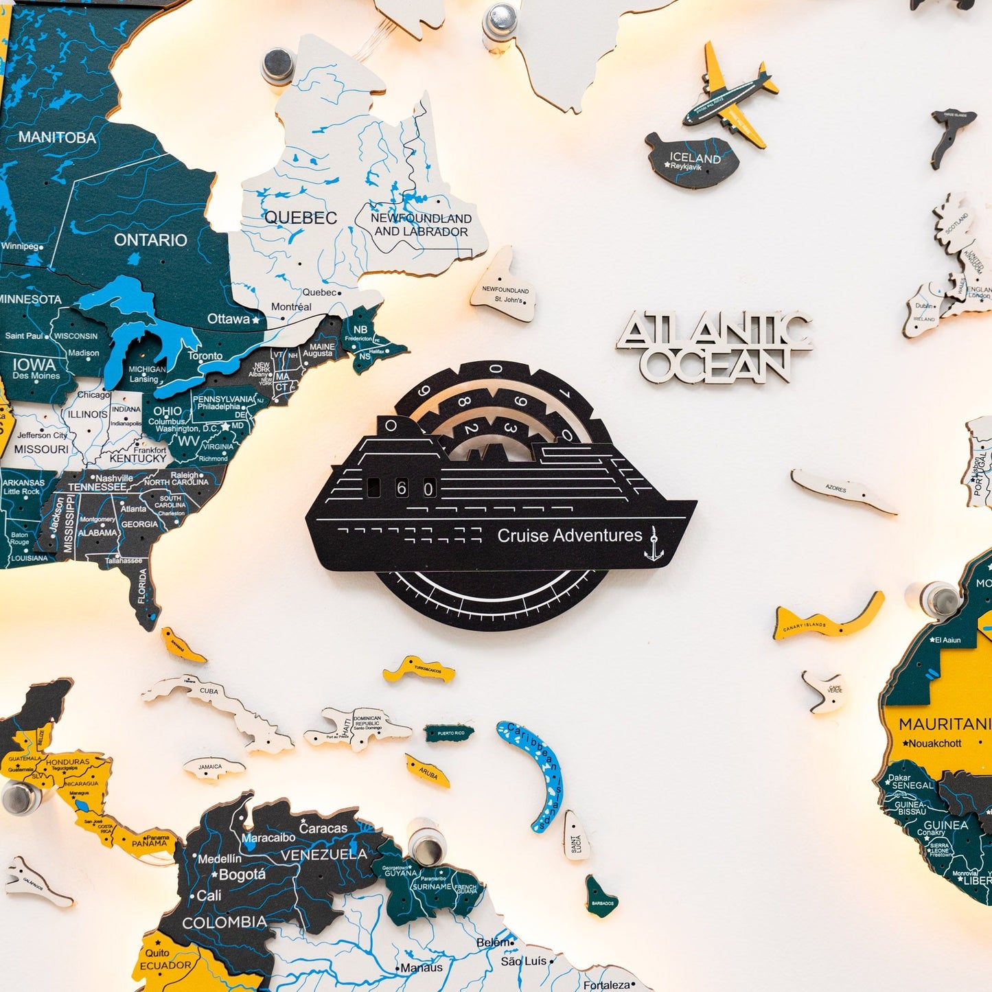 Travel Tracker Cruise Liner 3D Colored Wooden World Map - Midnight