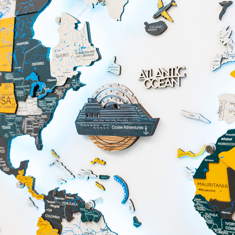 Travel Tracker Cruise Liner 3D Colored Wooden World Map - Mystery