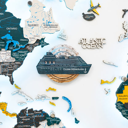 Travel Tracker Cruise Liner 3D Colored Wooden World Map - Mystery