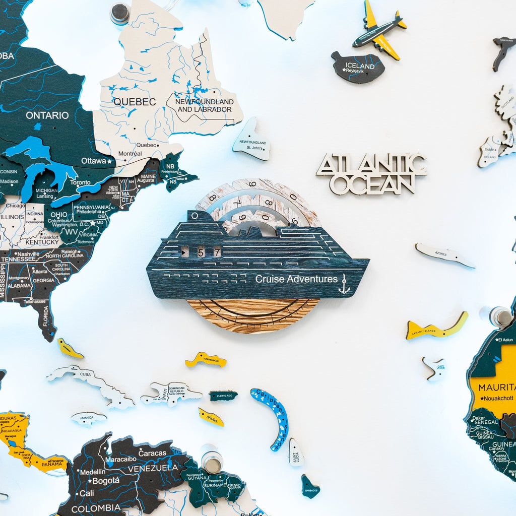 Travel Tracker Cruise Liner 3D Colored Wooden World Map - Mystery
