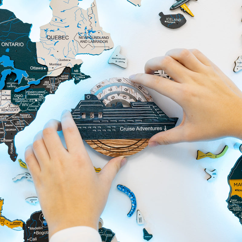 Travel Tracker Cruise Liner 3D Colored Wooden World Map - Mystery