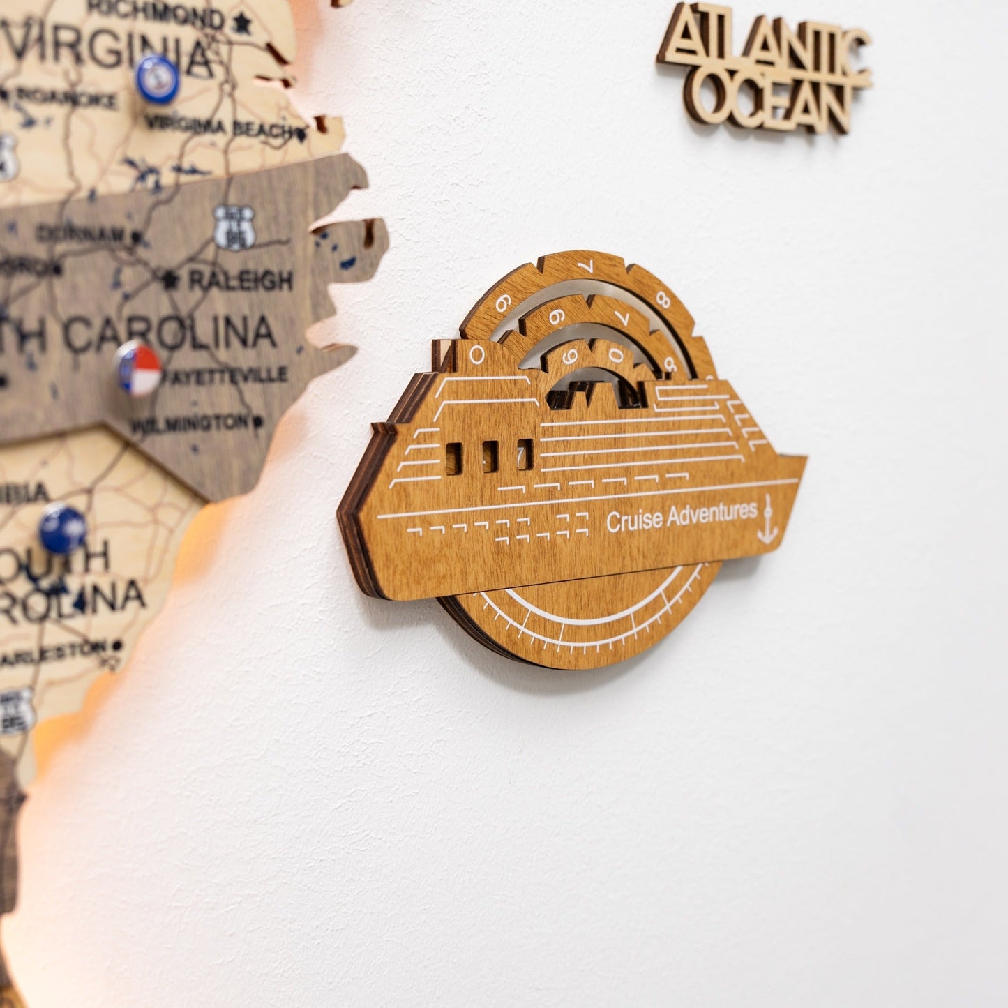 Travel Tracker Cruise Liner 3D Colored Wooden World Map - Oak