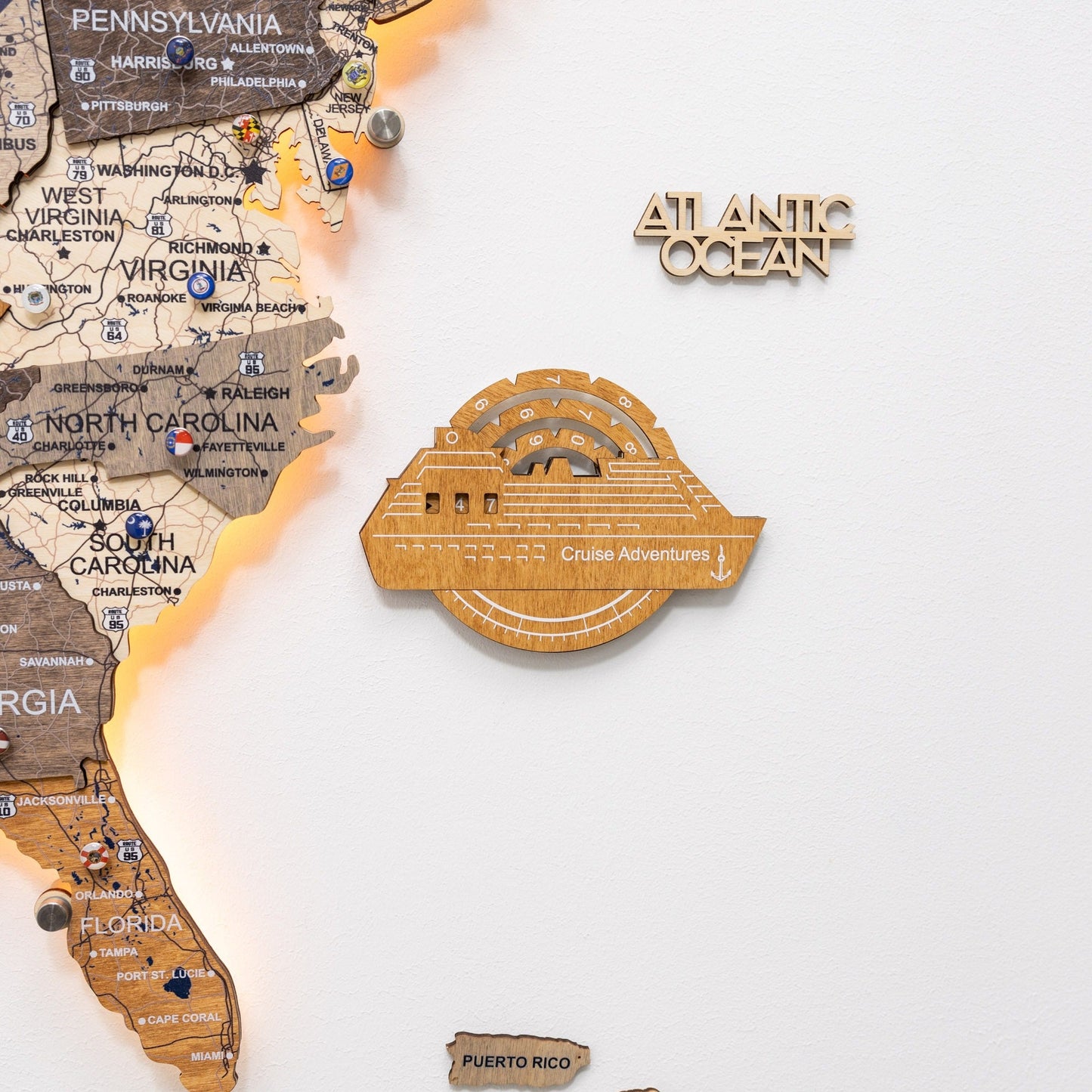 Travel Tracker Cruise Liner 3D Colored Wooden World Map - Oak