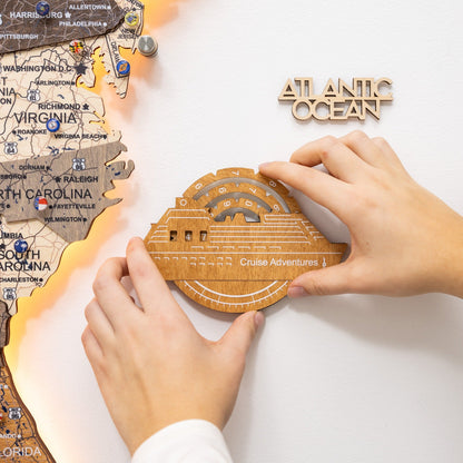 Travel Tracker Cruise Liner 3D Colored Wooden World Map - Oak